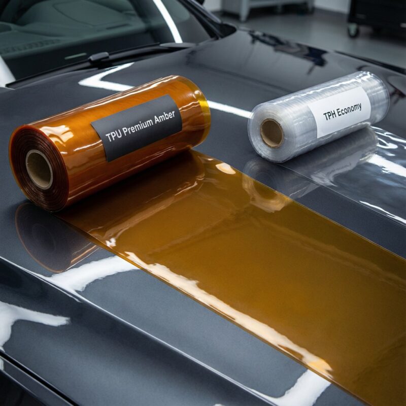 Choose Between TPU vs TPH PPF: Full Guide 6 Side-by-side comparison in one frame: two rolls of paint protection film