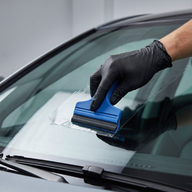 How Long Does Windshield Protection Film Really Last? 2 Photorealistic close-up of a car windshield with transparent protective film being applied by a gloved