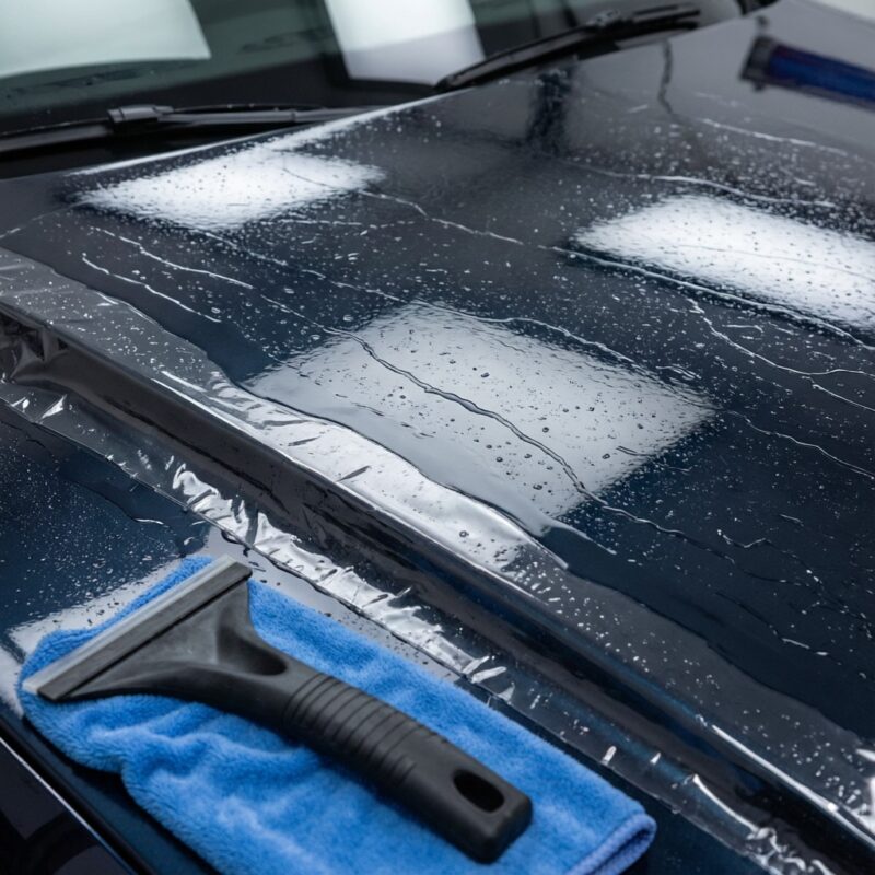 PPF Care: Common Mistakes Owners Make — Shimao Guide 1 Professional automotive detailing photography: a glossy dark car hood freshly covered with transparent paint