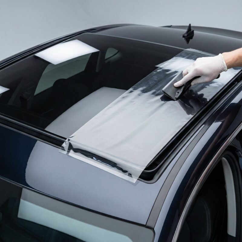 Decorative Window Film: Transform Glass at Work | Shimao 7 Photorealistic automotive detailing photography: a glossy dark car with a large panoramic glass sunroof