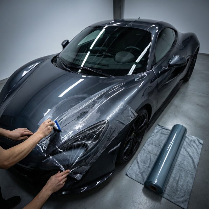 Protect and Enhance Your Vehicle’s Finish with PPF | Shimao 4 Professional automotive detailing photography: a glossy dark-colored sports car in a clean studio bay with