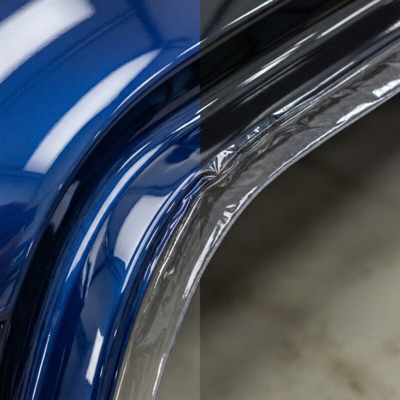 PPF Thickness Guide: 6.5 vs 7.5 vs 8.5 vs 9.5 mil Compared 3 Photorealistic side-by-side of two paint protection film strips of different thickness stretched over a
